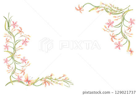 Spring tiny floral watercolor border with soft pink peach wildflowers and green leaves isolated on white. Phlox or oxalis flowers frame in cottagecore style hand painted for design wedding, kids card. 129021737
