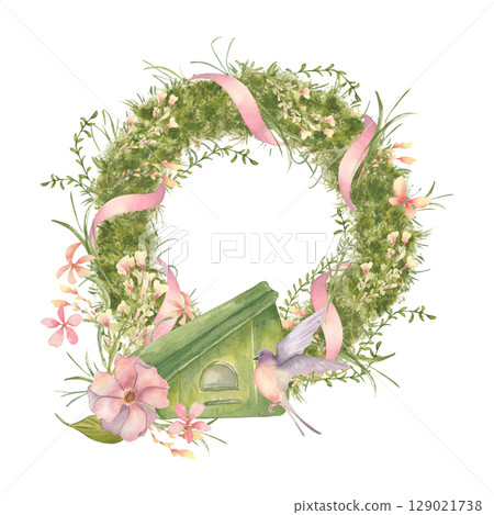 Delicate watercolor floral wreath with wild roses, flowers, and a rustic birdhouse isolated. Soft pink ribbons and spring greenery, bird swallow hand drawn. Moss wreath country style for design. 129021738