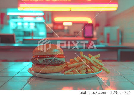 Retro Diner Burger And Fries With Neon Lights In Vintage Postcard Style. Evokes Nostalgic American Dining Experience 129021795