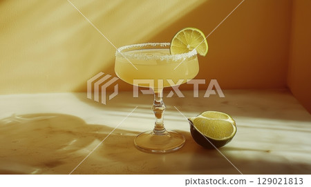 Margarita Cocktail With Lime Garnish In Sunlit Vintage Setting Evokes Nostalgic Summer Vibes. Retro Cocktail Hour Charm 129021813