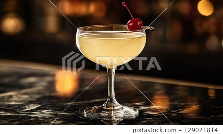 Elegant Cocktail Glass With A Cherry Garnish On A Marble Bar In Vintage Postcard Style. Evokes Classic Nightlife Charm 129021814