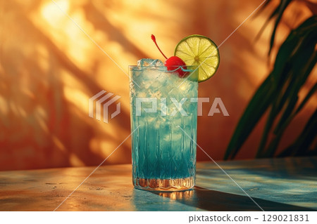 Refreshing Blue Cocktail With Lime And Cherry Garnish In Warm Sunset Glow. Evokes Tropical Escape And Relaxation 129021831