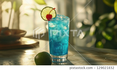 Tall Glass Of Vibrant Blue Cocktail With Lime And Cherry Garnish In Sunlit Setting. Evokes Refreshing Tropical Escape And Leisurely Summer Afternoons 129021832