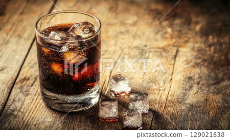 Glass Of Chilled Drink With Ice Cubes On Rustic Wooden Table In Vintage Postcard Style. Evokes Refreshing Nostalgia Glass Of Chilled Drink With Ice Cubes On Rustic Wooden Table In Vintage Postcard Style. Evokes Refreshing Nostalgia 129021838