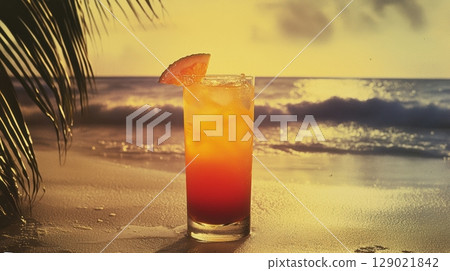 Tropical Beach Sunset With Vibrant Cocktail And Palm Leaves In Nostalgic Postcard Style. Evokes Relaxation And Dreamy Seaside Escape 129021842