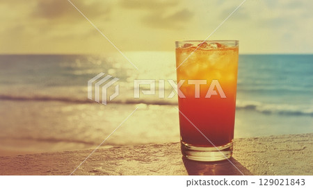 Tropical Sunset Beach Scene With Vibrant Cocktail On Sandy Shore In Vintage Postcard Style. Evokes Relaxation And Nostalgic Summer Vibes 129021843