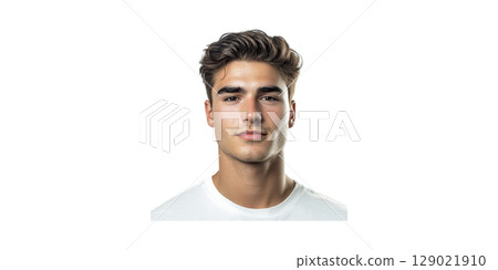 Young Man In T-Shirt. Portrait Photography And Fashion Modeling Isolated On Transparent Background 129021910