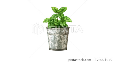 Potted Mint Plant In Rustic Metal Container. Fresh Herb For Culinary And Aromatic Uses Isolated On Transparent Background 129021949