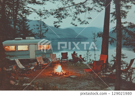 Vintage Lakeside Campsite With Cozy Campfire And Retro Camper Surrounded By Forest In Nostalgic Postcard Style. Evokes Warmth And Serene Outdoor Memories 129021980