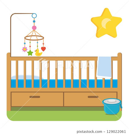 A crib with a cartoon-style carousel isolated on a white background A crib with a cartoon-style carousel isolated on a white background 129022061