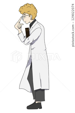 A male researcher looking sideways while holding a book and adjusting his misaligned glasses A male researcher looking sideways while holding a book and adjusting his misaligned glasses 129022074