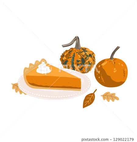 Hand drawn Fall Aesthetic Composition with pumpkin pie piece, cute pumpkins, and Autumn leaves. Vector illustration 129022179