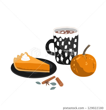 Hand drawn Fall Aesthetic Composition with pumpkin pie piece, cute pumpkin, cocoa mug, and Autumn leaves. Vector illustration. 129022180