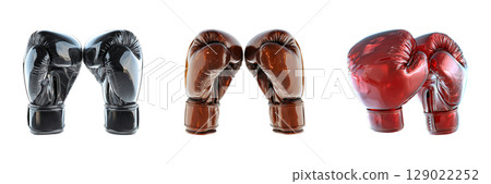 Boxing Gloves In Black, Brown, And Red Set. Sports Equipment And Fitness Collection Isolated On Transparent Background 129022252