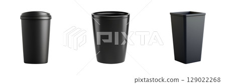 Black Trash Bin Collection Set. Modern Waste Management Solutions Collection Isolated On Transparent Background 129022268