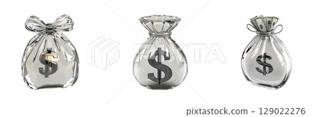 Glass Money Bags With Dollar Symbols Set. Wealth And Financial Success Collection Isolated On Transparent Background 129022276