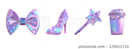 Holographic Fashion Accessories Set. Iridescent Style And Glamour Collection Isolated On Transparent Background 129022310