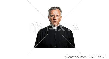 Elderly Priest In Clerical Attire. Religious Leadership And Spiritual Guidance Isolated On Transparent Background 129022328