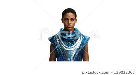 Futuristic Character In Blue Sci-Fi Attire. Cosmic And Mystical Design Elements Isolated On Transparent Background 129022365