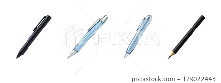 Black And Blue Writing Instruments Set. Office And School Supplies Collection Isolated On Transparent Background 129022443