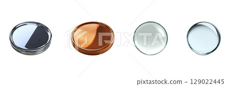 Round Glass And Metal Lenses Set. Optical And Decorative Elements Collection Isolated On Transparent Background 129022445