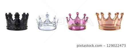 Elegant Crown Collection In Black, Silver, Pink, And Gold. Royalty And Luxury Design Set Isolated On Transparent Background 129022473