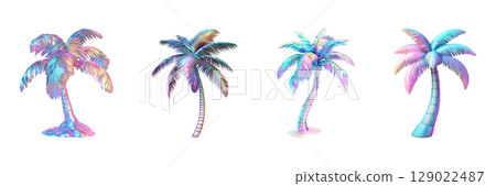 Colorful Iridescent Palm Trees Set. Tropical Vibes And Digital Art Collection Isolated On Transparent Background 129022487
