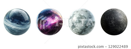 Spherical Celestial Bodies Set. Cosmic And Planetary Exploration Collection Isolated On Transparent Background 129022489