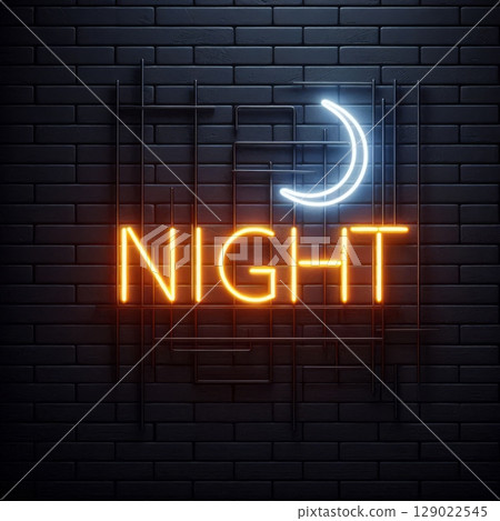 Neon sign with word Night in orange and crescent moon in white on dark brick wall background. Glowing light effect for nightlife themes 129022545
