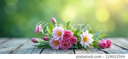 Bouquet of pink roses and daisies on wooden table against blurred green background. Fresh flowers for romantic decoration and greeting cards 129022564