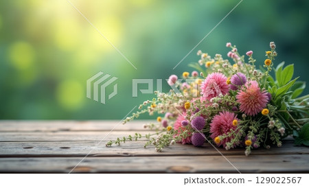 Bouquet of wildflowers with pink, purple, and yellow blossoms on rustic wooden table against blurred green background. Nature and floral decor 129022567
