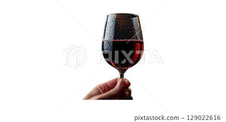 Red Wine Glass Held By Hand. Elegance And Sophistication In Wine Tasting Isolated On Transparent Background 129022616