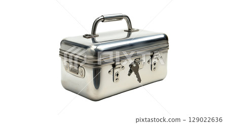 Metallic Lockbox With Keys. Secure Storage Solution For Valuables And Documents Isolated On Transparent Background 129022636