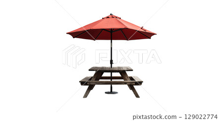 Wooden Picnic Table With Red Umbrella. Outdoor Dining And Relaxation Setup Isolated On Transparent Background Wooden Picnic Table With Red Umbrella. Outdoor Dining And Relaxation Setup Isolated On Transparent Background 129022774