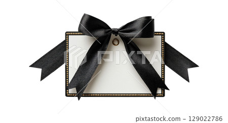 Elegant Gift Tag With Black Ribbon And Gold Accents. Luxury And Sophistication For Special Occasions Isolated On Transparent Background Elegant Gift Tag With Black Ribbon And Gold Accents. Luxury And Sophistication For Special Occasions Isolated On Transparent Background 129022786