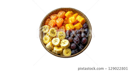 Colorful Fruit Bowl With Bananas, Oranges, Pineapple, And Grapes. Healthy Eating And Nutrition Concept Isolated On Transparent Background 129022801