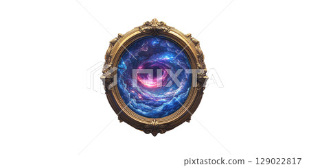 Ornate Gold Frame With Cosmic Vortex Artwork. Surreal Universe And Space Exploration Concept Isolated On Transparent Background Ornate Gold Frame With Cosmic Vortex Artwork. Surreal Universe And Space Exploration Concept Isolated On Transparent Background 129022817