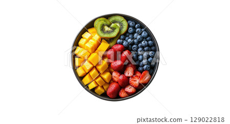Bowl Of Fresh Mixed Fruits With Kiwi, Mango, Strawberries, And Blueberries. Healthy Eating Concept Isolated On Transparent Background 129022818