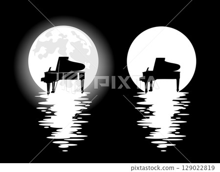 vector silhouette design of grand piano in water against full moon at night 129022819