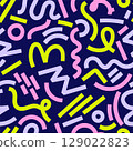 Abstract 80s or 90s hand drawn seamless pattern. memphis style hand drawn illustration. Bright trendy color palette. Circles, squares, lines, spiral. Navy, green lime, pink, lillac. 129022823