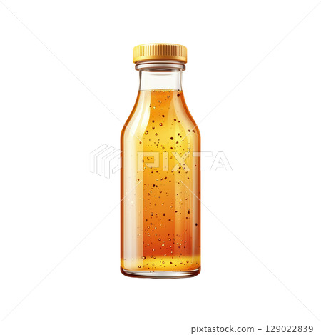 Glass Bottle With Amber Liquid And Bubbles. Beverage Or Sauce Container Isolated On Transparent Background 129022839