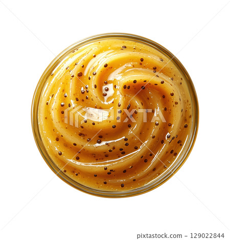 Swirled Mustard Sauce In Glass Jar. Gourmet Condiment For Culinary Delights Isolated On Transparent Background 129022844