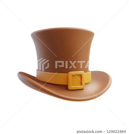 Brown Top Hat With Yellow Band And Buckle. Classic Fashion Accessory Isolated On Transparent Background 129022864