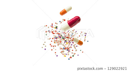 Colorful Capsules And Granules. Pharmaceutical Innovation And Drug Delivery Isolated On Transparent Background Colorful Capsules And Granules. Pharmaceutical Innovation And Drug Delivery Isolated On Transparent Background 129022921