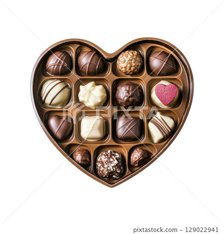 Heart-Shaped Box Of Assorted Chocolates. Gourmet Gift For Special Occasions And Celebrations Isolated On Transparent Background Heart-Shaped Box Of Assorted Chocolates. Gourmet Gift For Special Occasions And Celebrations Isolated On Transparent Background 129022941