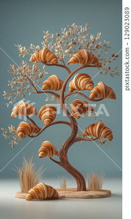Fruit tree with croissants on beige background, 3D illustration Fruit tree with croissants on beige background, 3D illustration 129023089