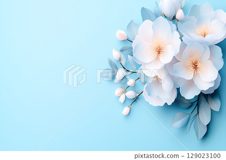 Soft Blossom Arrangement on Light Blue Background Perfect for Spring or Wedding Themes Soft Blossom Arrangement on Light Blue Background Perfect for Spring or Wedding Themes 129023100
