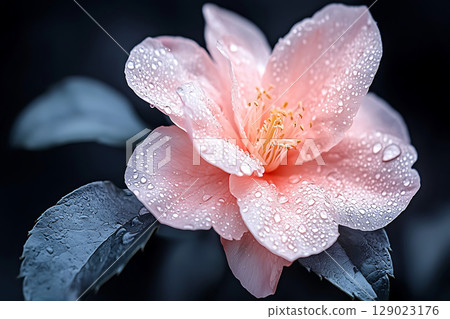 Delicate Pink Flower with Water Droplets on Petals Against Dark Background 129023176