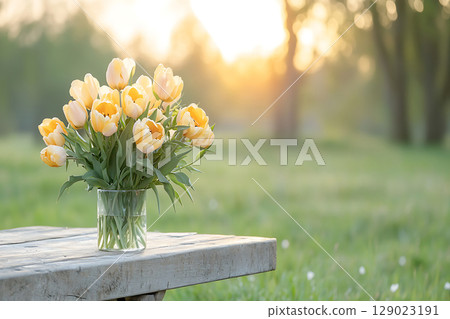 Fresh Yellow Tulips in a Glass Vase on a Wooden Table with Soft Sunset Background 129023191