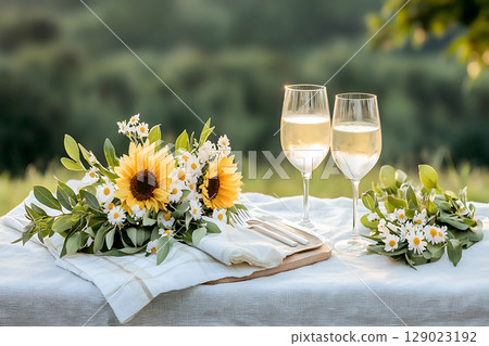 Elegant outdoor dining setup with sunflowers, wine glasses, and fresh greenery in summer light 129023192